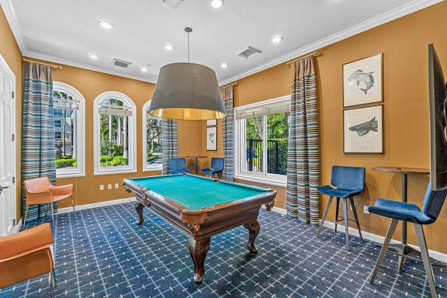 rec room with dark colored carpet, ornamental molding, and pool table