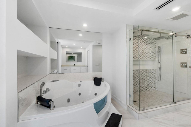 full bath with visible vents, a shower stall, and a tub with jets