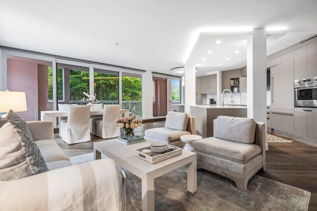 living room featuring expansive windows, sink, and hardwood / wood-style flooring