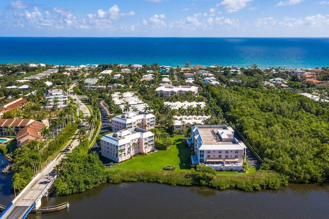 aerial view featuring a water view