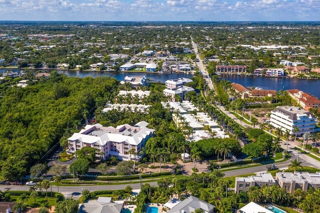 drone / aerial view with a water view