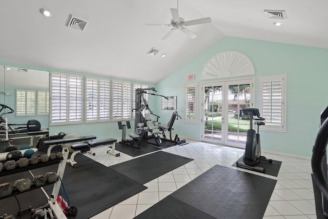 gym featuring light tile patterned flooring, ceiling fan, vaulted ceiling, and french doors