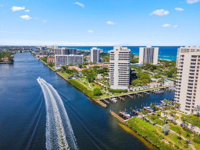 drone / aerial view with a water view