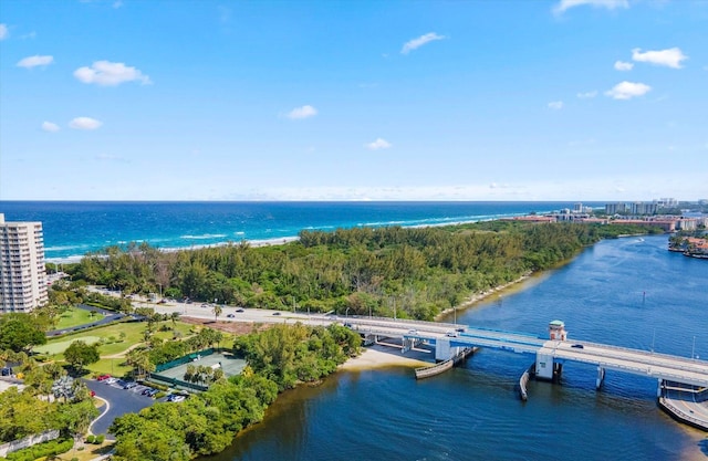 birds eye view of property featuring a water view