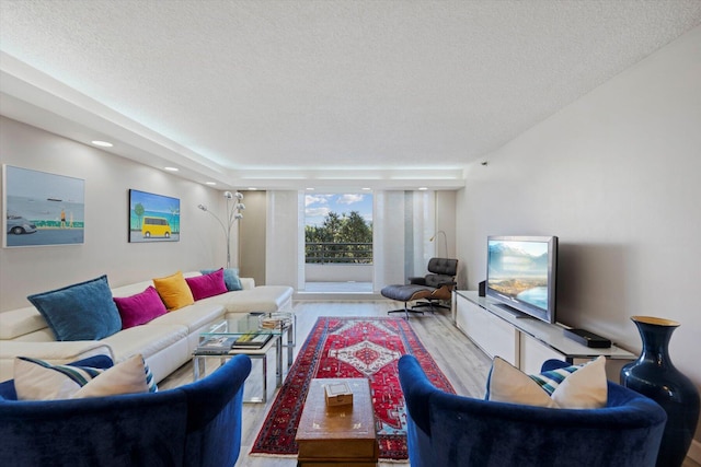 living room with light hardwood / wood-style floors and a textured ceiling