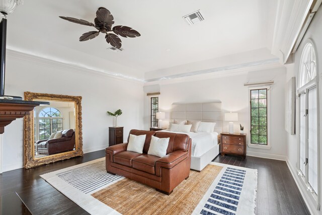 bedroom featuring dark hardwood / wood-style flooring, a raised ceiling, multiple windows, and ceiling fan