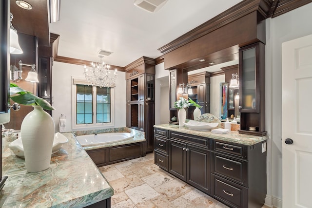 bathroom featuring a tub to relax in, crown molding, vanity, and a chandelier