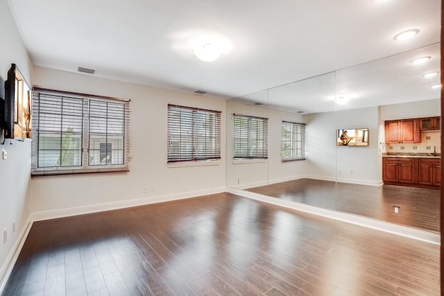 workout room featuring hardwood / wood-style flooring and sink