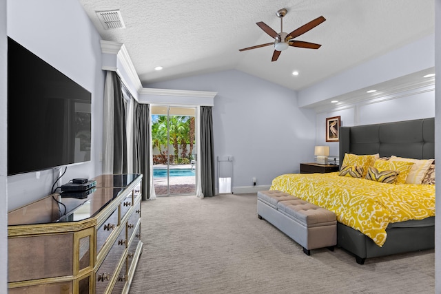 bedroom featuring lofted ceiling, access to exterior, light carpet, a textured ceiling, and ceiling fan