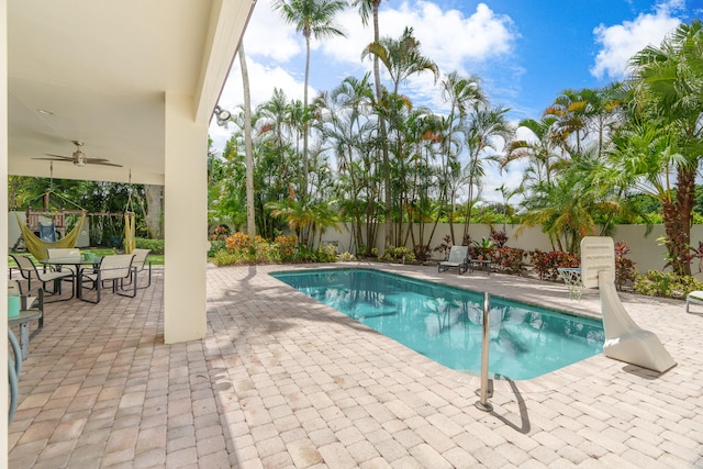 view of pool featuring a patio and ceiling fan