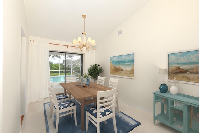 dining room with high vaulted ceiling and a notable chandelier