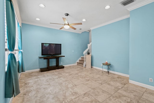 interior space with ornamental molding and ceiling fan