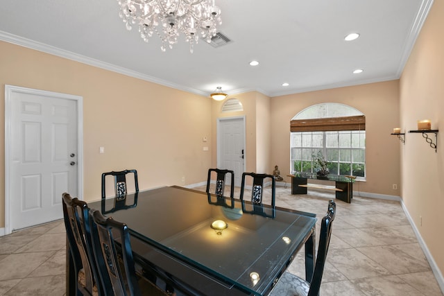 tiled dining room with a notable chandelier and crown molding