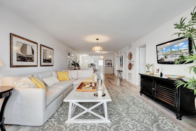 living room featuring plenty of natural light and light hardwood / wood-style flooring