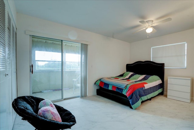 bedroom featuring ceiling fan, a closet, and access to exterior