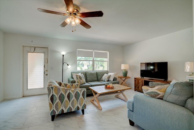 living room with ceiling fan