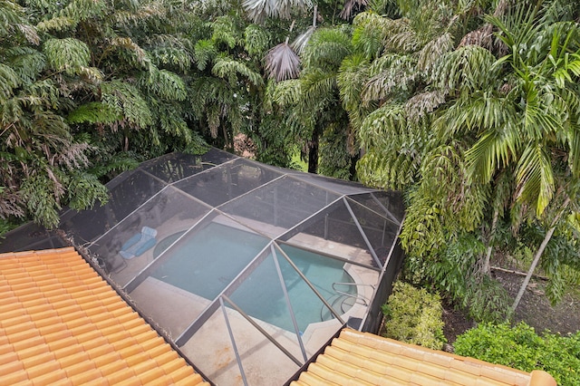 view of swimming pool featuring a lanai