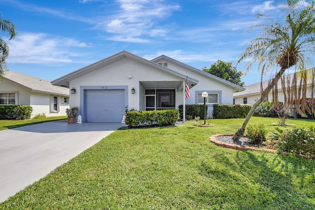 ranch-style home featuring a front yard and a garage