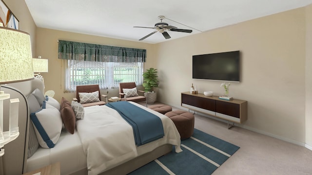 bedroom with ceiling fan and carpet