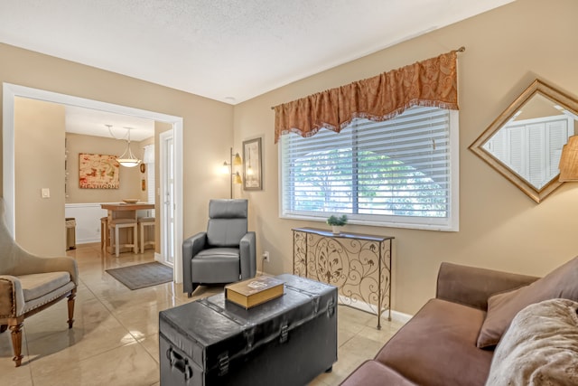 living room with a textured ceiling