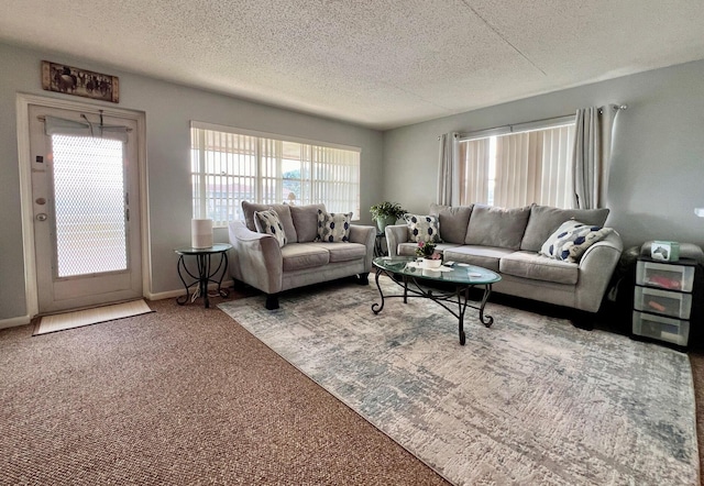 living room featuring carpet and a textured ceiling