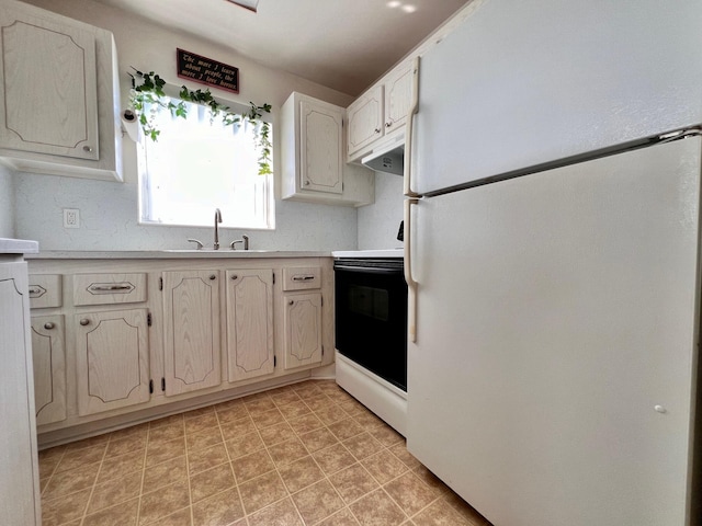 kitchen featuring white cabinets, sink, and white appliances