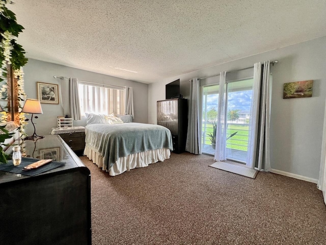 carpeted bedroom with access to outside, multiple windows, and a textured ceiling