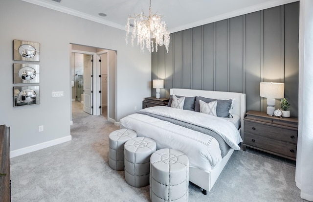 carpeted bedroom featuring a chandelier, ornamental molding, and baseboards