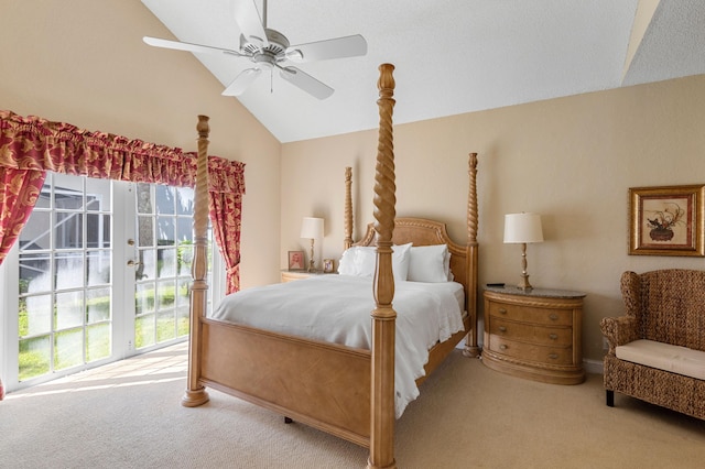 bedroom with light carpet, vaulted ceiling, and ceiling fan