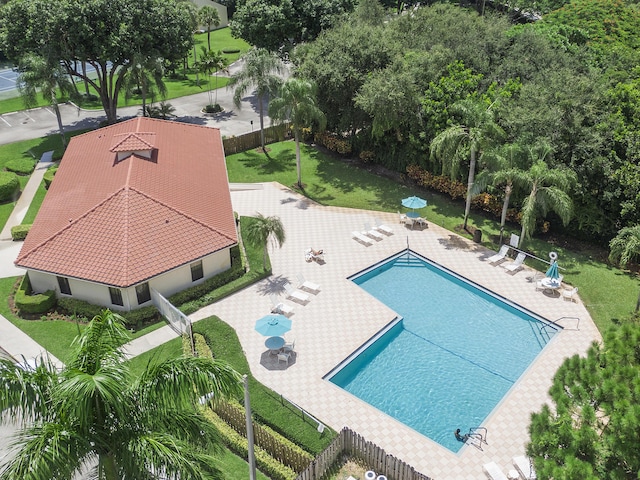 view of swimming pool with a yard and a patio area