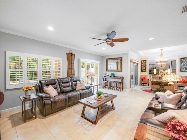 living room featuring ceiling fan with notable chandelier, light tile patterned floors, and crown molding