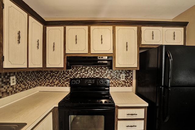 kitchen featuring decorative backsplash, light brown cabinetry, ventilation hood, and black appliances