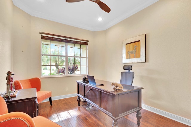 office area with crown molding, hardwood / wood-style flooring, and ceiling fan