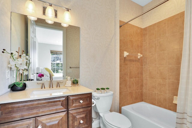 full bathroom featuring vanity, shower / tub combo with curtain, and toilet