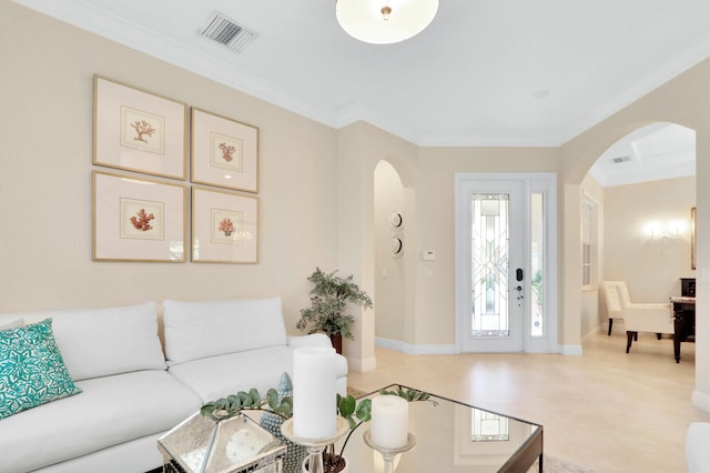 living room with crown molding