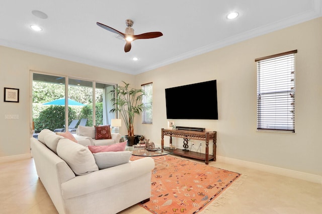 living room featuring crown molding, light tile patterned floors, and ceiling fan