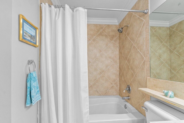 bathroom with toilet, ornamental molding, and shower / bath combination with curtain