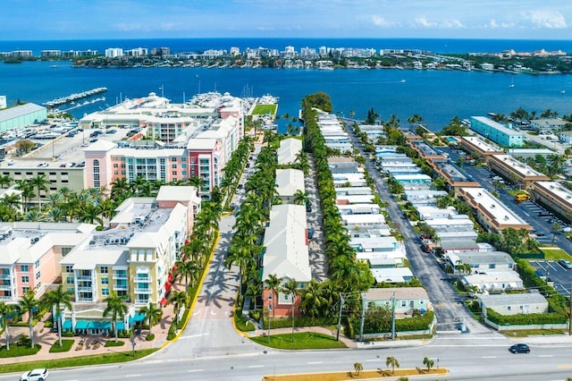 aerial view featuring a water view