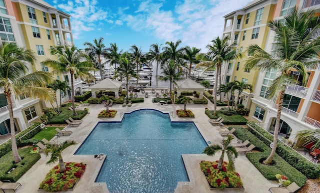 view of swimming pool with a gazebo and a patio