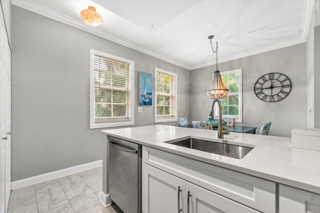 kitchen with stainless steel dishwasher, pendant lighting, crown molding, white cabinets, and sink