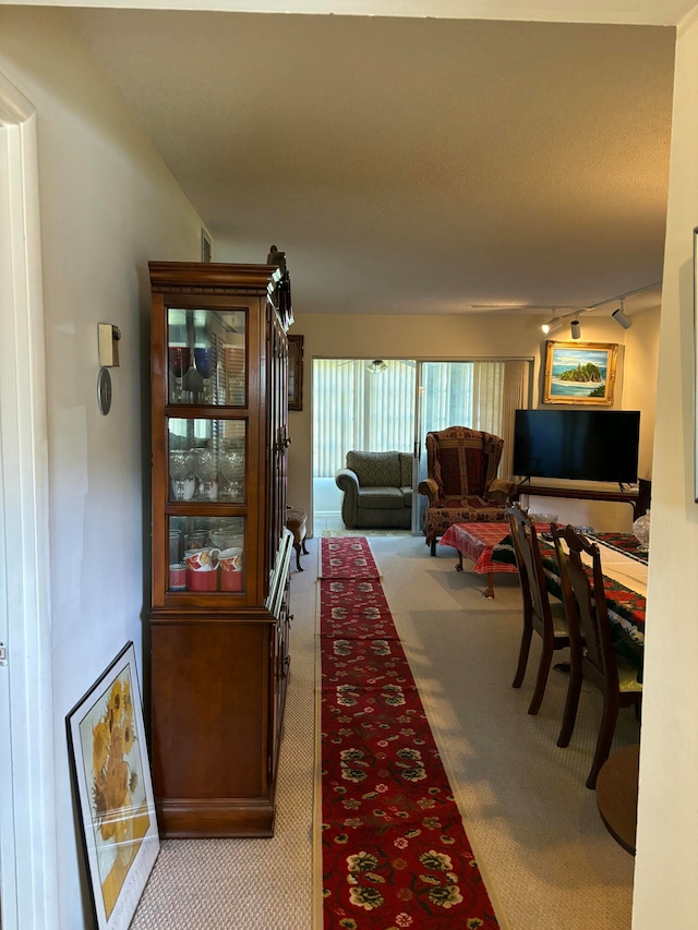 dining room featuring track lighting and light colored carpet