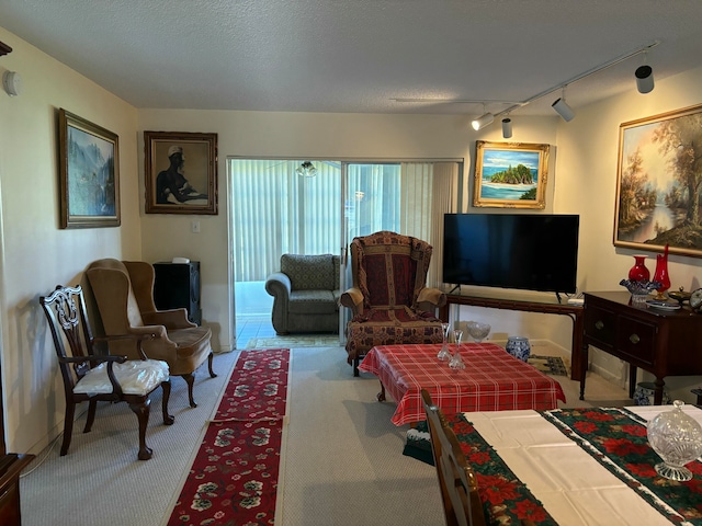 living room with track lighting, light carpet, and a textured ceiling