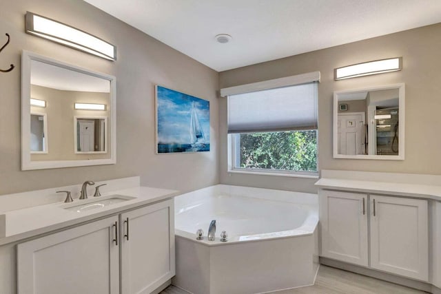 bathroom with a bathtub, hardwood / wood-style floors, and vanity