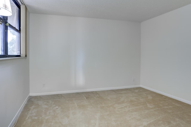 spare room featuring a textured ceiling and light carpet