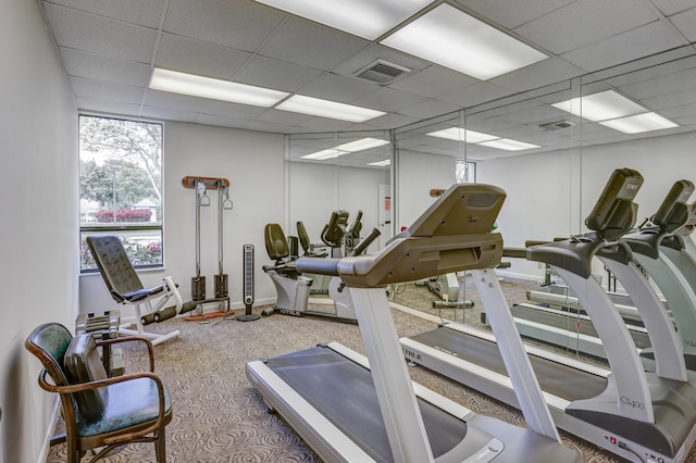 exercise room with a drop ceiling and carpet