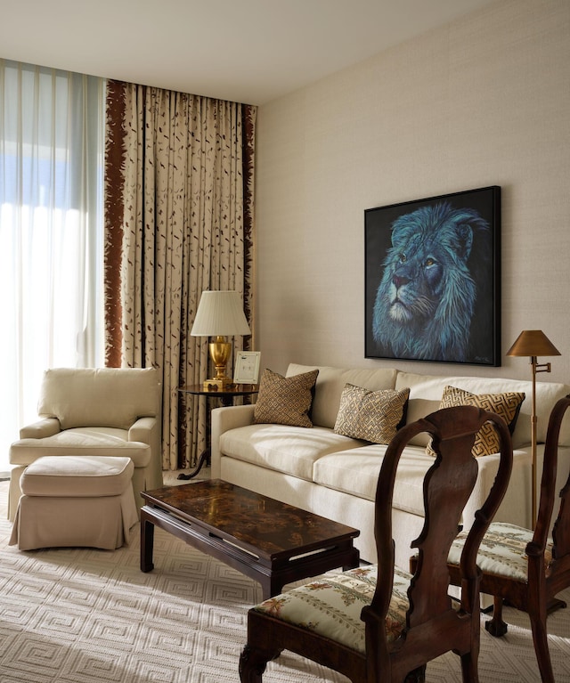 living room featuring light colored carpet