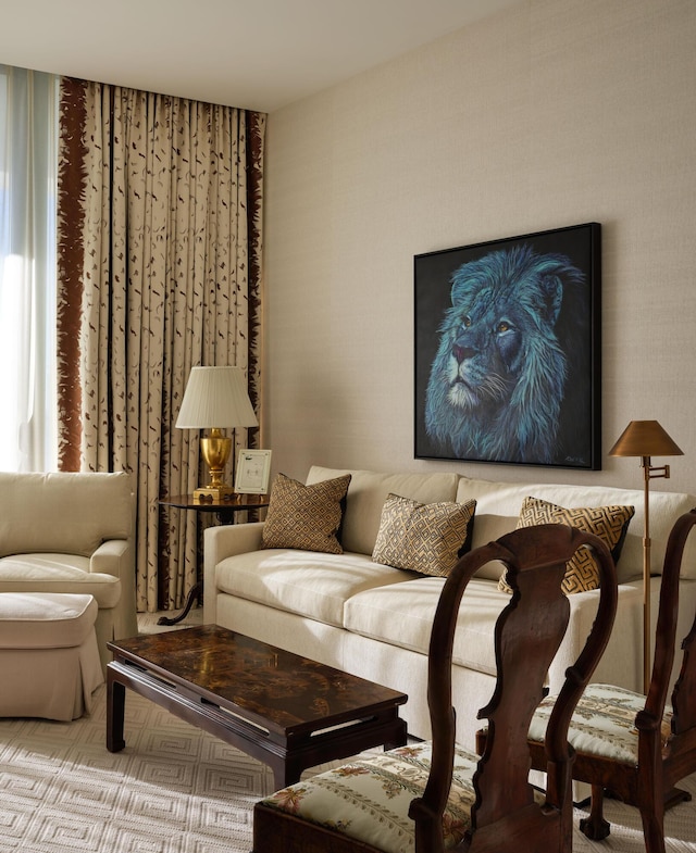 living room featuring light colored carpet