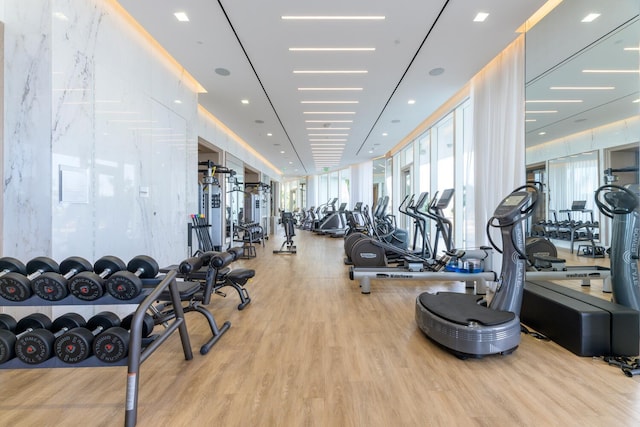 workout area featuring a wall of windows and light wood-type flooring