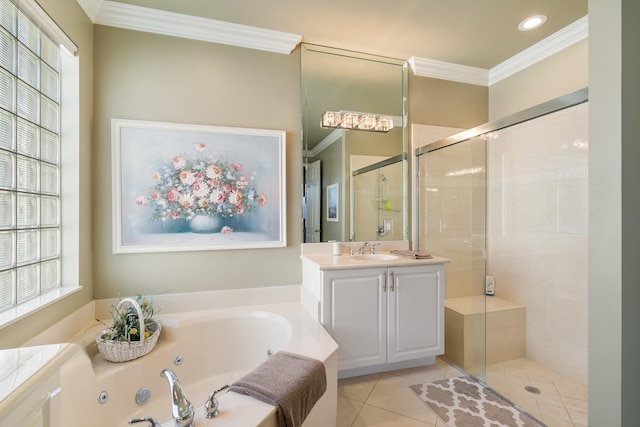 bathroom with tile patterned floors, crown molding, vanity, and independent shower and bath