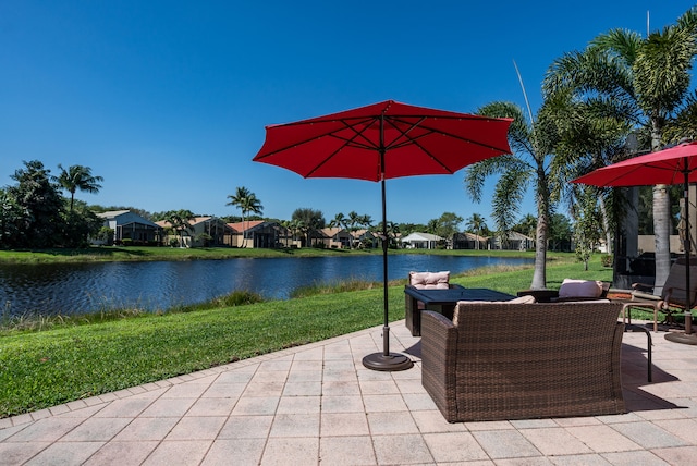 view of patio / terrace featuring a water view